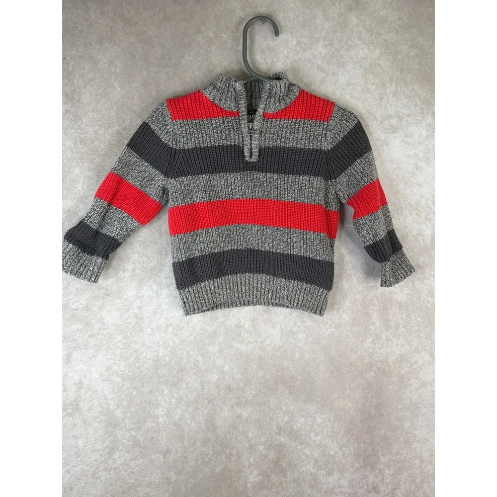 OshKosh B'gosh Quarter Zip Sweater Boys 18M Red Grey‎ Striped Chunky Knit